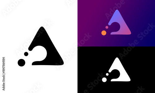 Triangle Logo Design: A set of three modern triangle logos with gradient color and water like dot elements. A symbol of dynamic, innovative and creative business.
