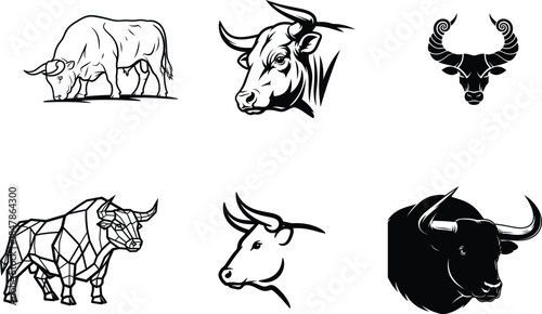 Collection of six black and white bull vector illustrations featuring geometric, realistic, and financial design styles.
