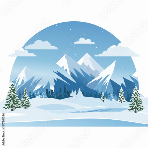 Serene Snow-Capped Mountain Range Scene with Conifer Trees and Clear Sky