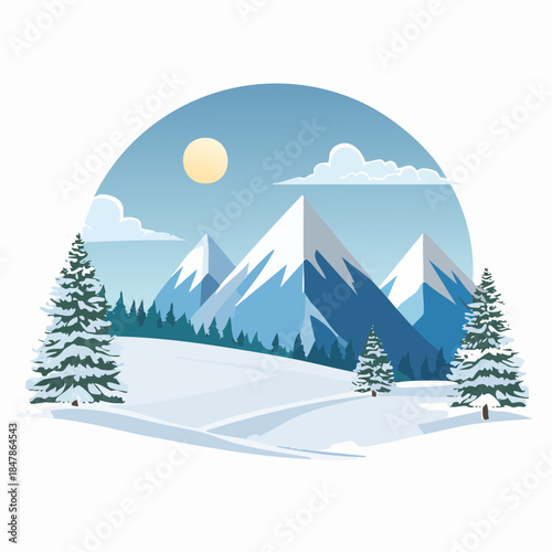 Serene winter mountain landscape with snowy slopes and evergreen trees under a bright sun