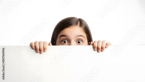 Little girl with wide brown eyes peeking over blank white board, showing surprise and curiosity concept with copy space for text.
