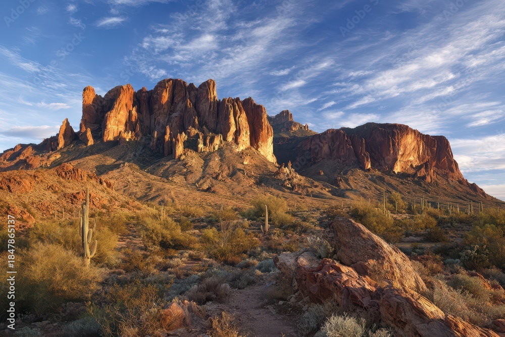 Naklejka premium Desert Sunset Over Majestic Arizona Red Rock Formations with Cacti and Expansive Sky