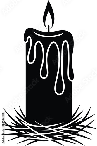 Burning candle with wax drips surrounded by needles symbolic of somber memory art