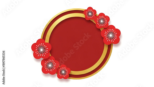 Red Floral Circular Frame with Gold Border for Chinese New Year Celebration