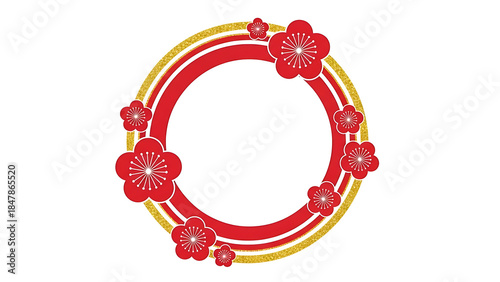 Vibrant plum blossom frame with red and gold rings, ideal for festive Asian celebrations or greetings