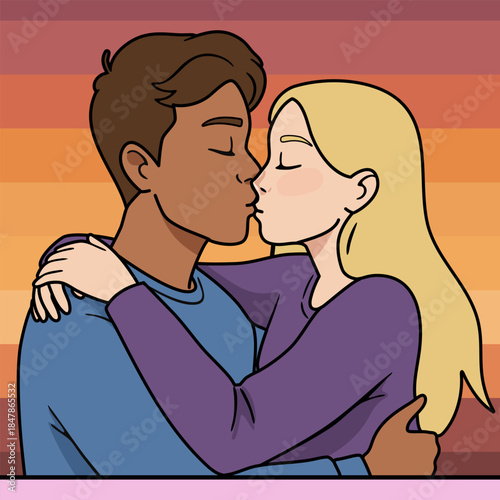 Man and woman kissing with closed eyes, embracing each other. Romance and affection. A young couple hugging and kissing, Illustration for relationship and love concept.