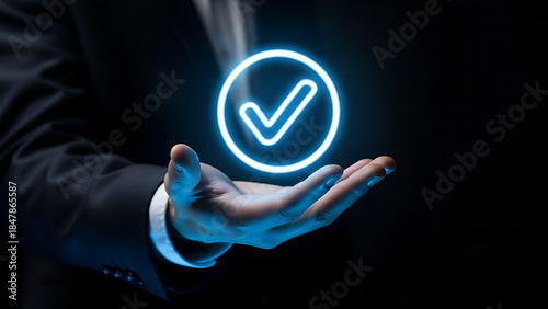 hand holding a glowing light bulb, businessman pushing a button on a virtual screen, Business people showing ideas warranty, international standard, ISO quality certification and quality guarantee mar