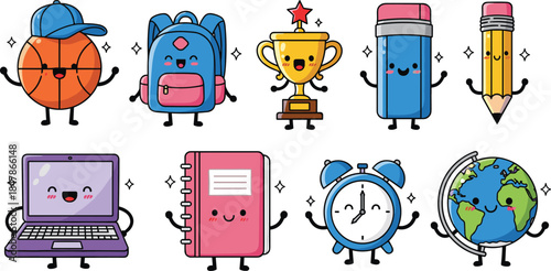 Cute cartoon school objects with smiling faces, playful educational icons for kids, fun classroom theme, flat vector illustration