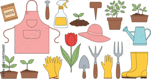 Gardening tool set with pink apron yellow boots watering can shovel seeds and potted plants isolated on white background flat vector illustration for hobby gardening