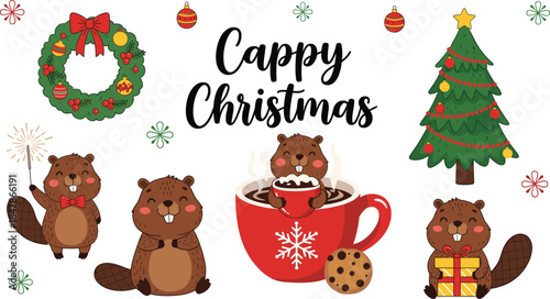 Cute capybara christmas vector collection with funny characters holding gifts and sparklers featuring a decorated tree wreath and hot cocoa for holiday designs.