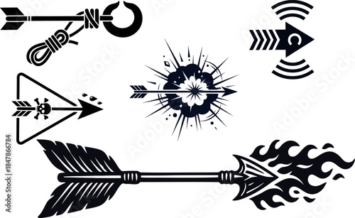 Stylized Fantasy Combat Arrow Icon Set - Tactical Archer Projectile Silhouettes with Fire, Poison, Explosive, and Grappling Effects.