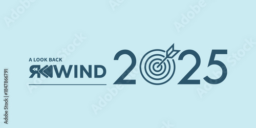 Modern “A Look Back Rewind 2025” typography in dark teal on light blue background, with stylized rewind icon and flowing year numbers, ideal for year-in-review videos, social media recaps, and present