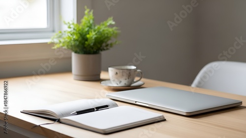 Minimal Home Office Desk with Laptop, Notebook and Coffee Cup