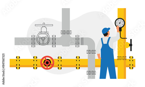Gas pipeline maintenance worker checking pressure gauge on industrial piping system illustration