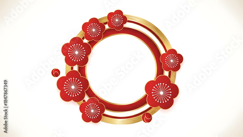 Red Plum Blossoms Circular Frame With Golden Rings - Festive Design