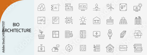 bio architecture icon set with green building and renewable energy, minimal line vector design