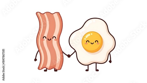 Cute bacon and egg characters holding hands with smiles