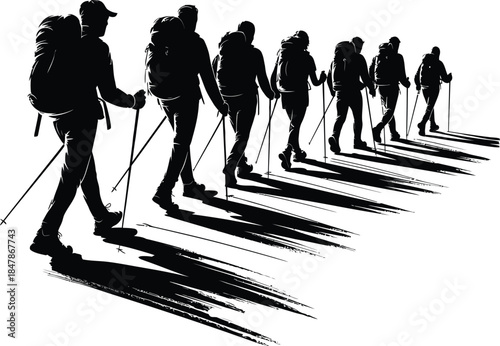 Group of Hikers with Backpacks Silhouette Walking in Line with Hiking Poles