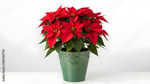 A vibrant poinsettia in full bloom, its brilliant red bracts radiating warmth and holiday cheer, potted in a green container on a soft surface.