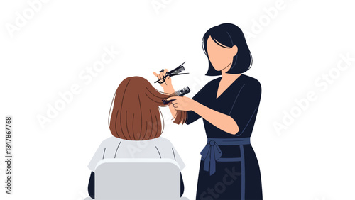 Stylist cuts clients brown hair with scissors and comb