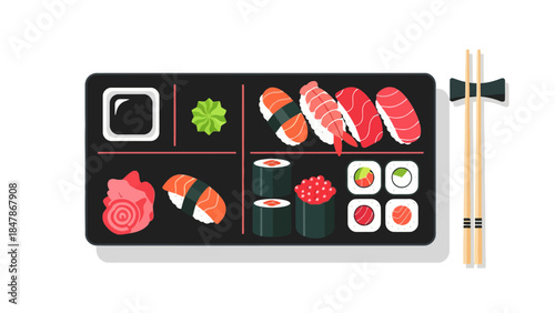 Sushi platter with chopsticks and pickled ginger