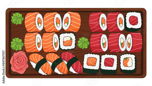 Sushi platter with various rolls and nigiri on a wooden tray