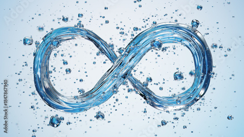 Infinity Symbol Made From Blue Liquid With Bubbles And Dynamic Water Flow In Motion