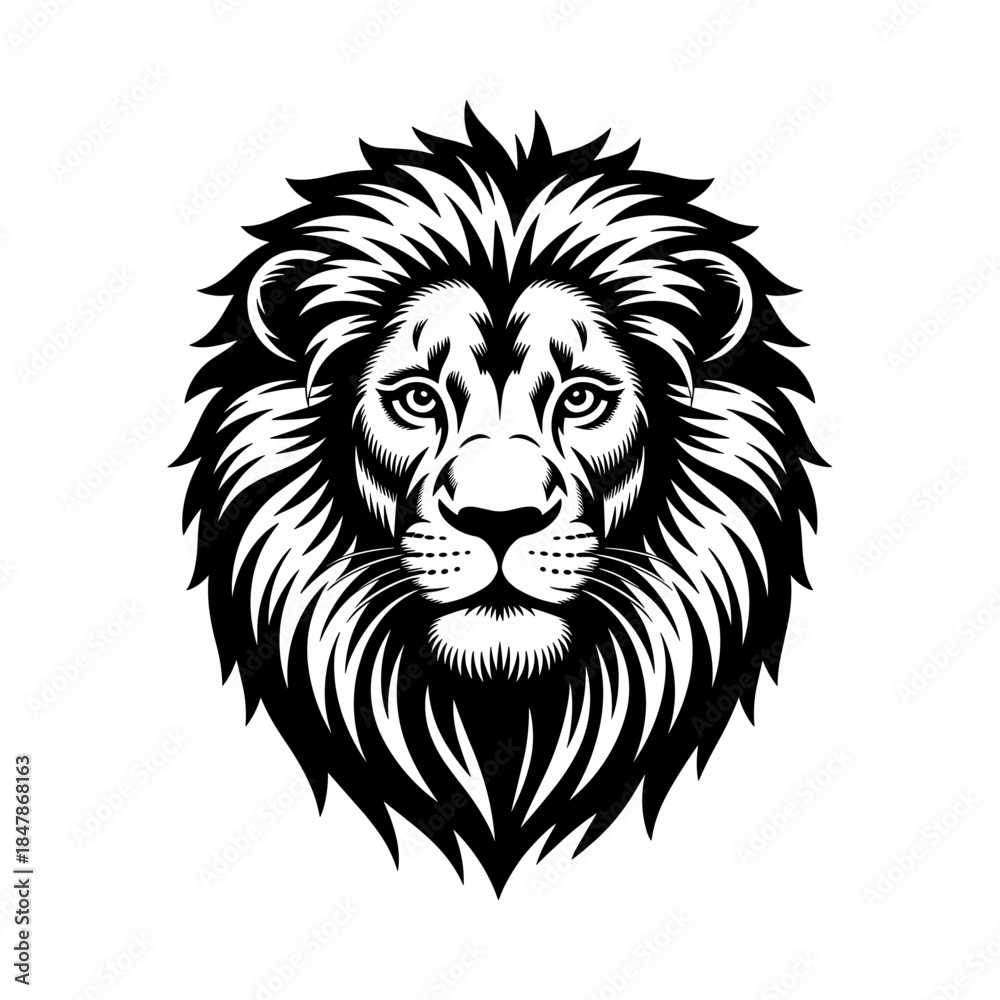 Obraz premium Lion head silhouette vector illustration logo, Isolated lion logo set, Royal king lion crown symbols, Silhouette wild roaring lion king head tattoo set, lions head black and white sketch design