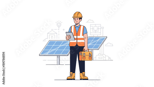 Technician with solar panels and toolbox