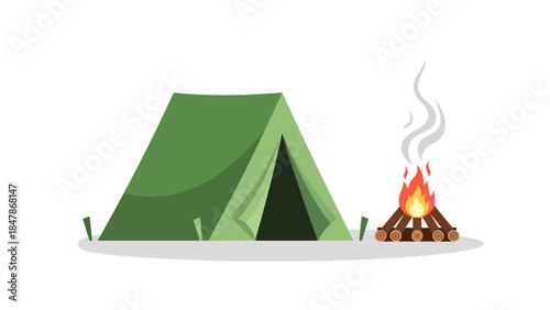 Tent and campfire on white background