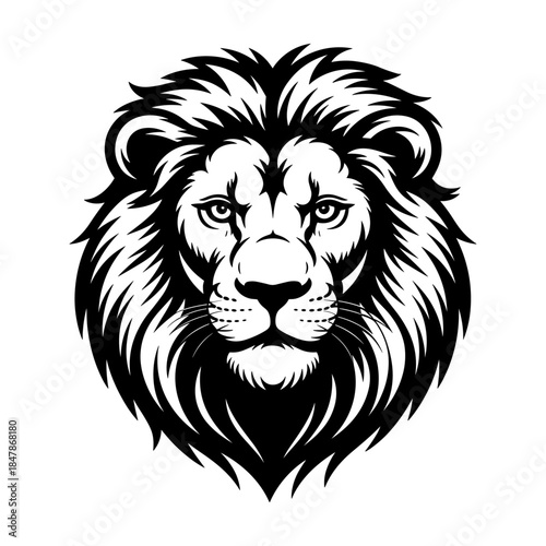 Majestic lion head mascot logo, black and white feline portrait illustration, powerful king of the jungle graphic for sports branding and apparel