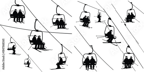People riding ski lifts up a snowy mountain slope