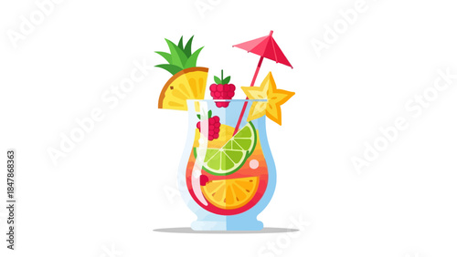 Tropical cocktail with fruit umbrella and straw in a glass