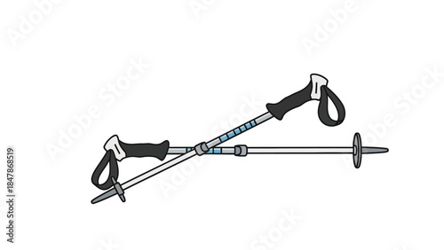 Two crossed hiking poles with black grips on a white background