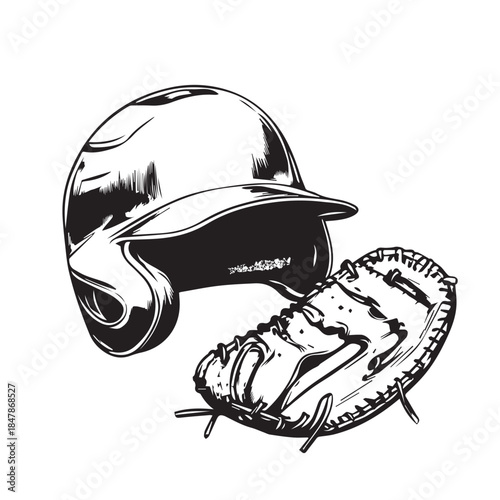 baseball helmet and glove on white background