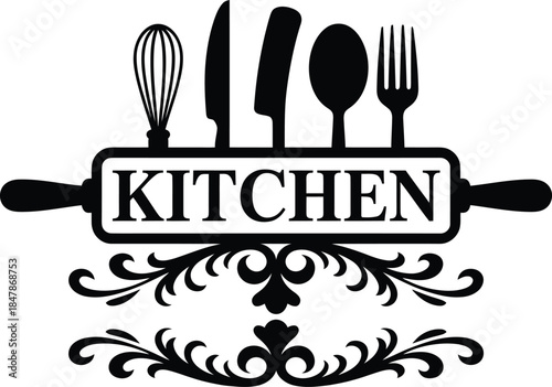Kitchen typography vector with rolling pin cutlery decorative flourish black and white