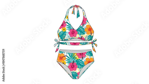 Twopiece halter bikini with a tropical floral print