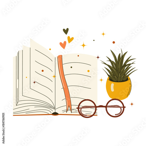 Book with reading glasses and potted plant. Cozy vector illustration