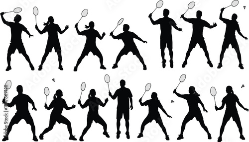 Set of Badminton Player Silhouettes in Action Poses Showing Smashing Serving and Jumping Movements Isolated on White Background Vector