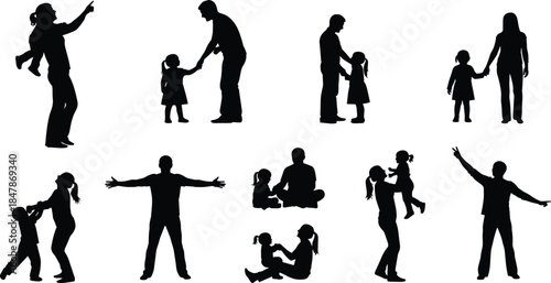Set of Family and Parenting Silhouettes Showing Parents with Children in Loving Daily Life Moments Isolated on White Background Vector