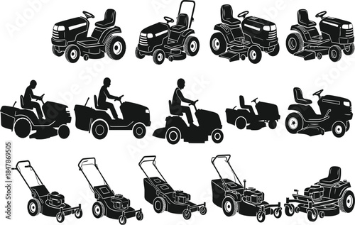 Set of Lawn Mower and Garden Tractor Silhouettes Showing Riding Push and Utility Equipment Isolated on White Background Vector Illustration