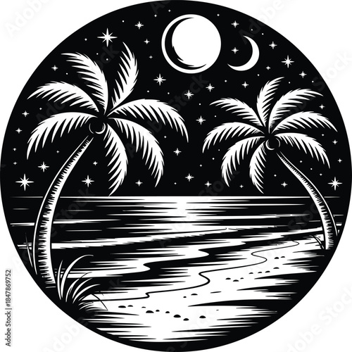 Nighttime beach with palm trees, moon, and stars detailed tropical silhouette