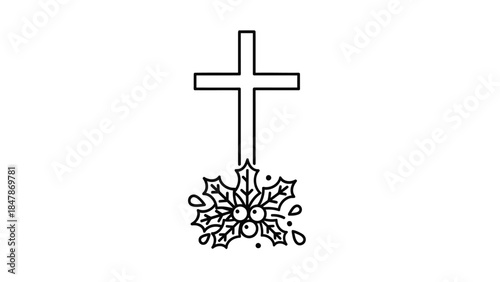 Christian cross outline with holly berries and leaves, faith and holiday symbol isolated on white background, Vector