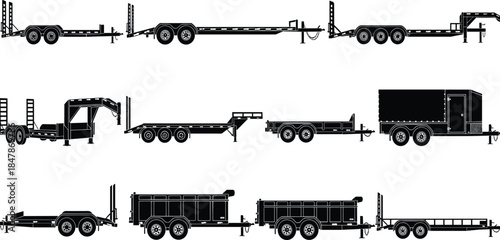 Set of Utility and Equipment Trailer Silhouettes Showing Flatbed Dump and Enclosed Transport Types Isolated on White Background Vector Illustration