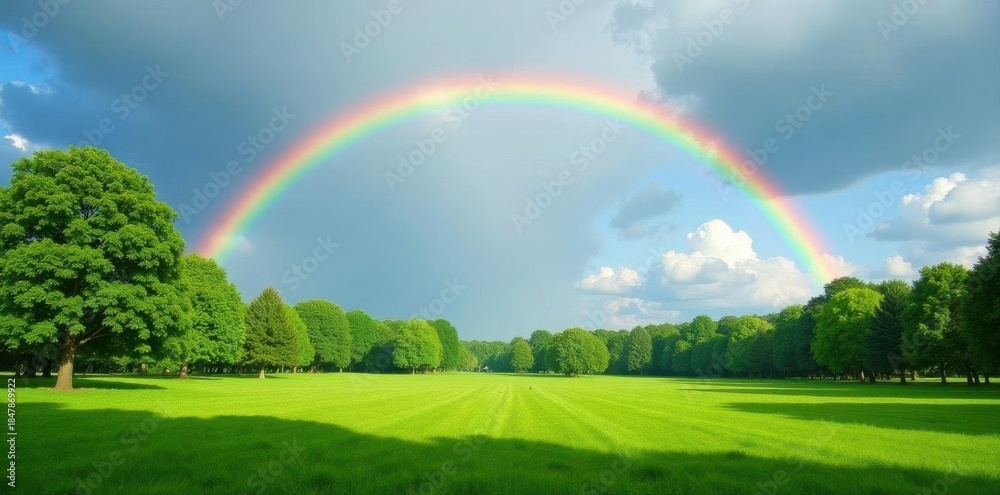 Naklejka premium Serene rainbow arc over lush green parkland, tranquil sky , countryside, park