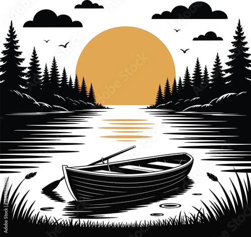 Peaceful Lake Scenery With Rowboat and Sunset Silhouette Vector Illustration Artwork