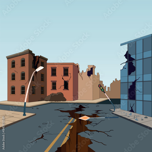 Earthquake Destruction Illustration – Cracked Road and Damaged Buildings