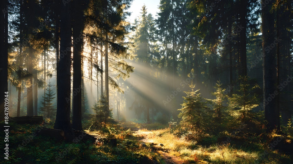 Fototapeta premium Sunbeams piercing through a dense forest canopy creating a magical atmosphere.