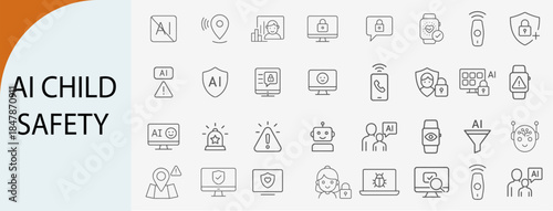 ai child safety and privacy icons, minimal line vector set