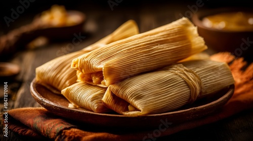 Stack of traditional Mexican tamales wrapped in corn husks served on a rustic wooden table